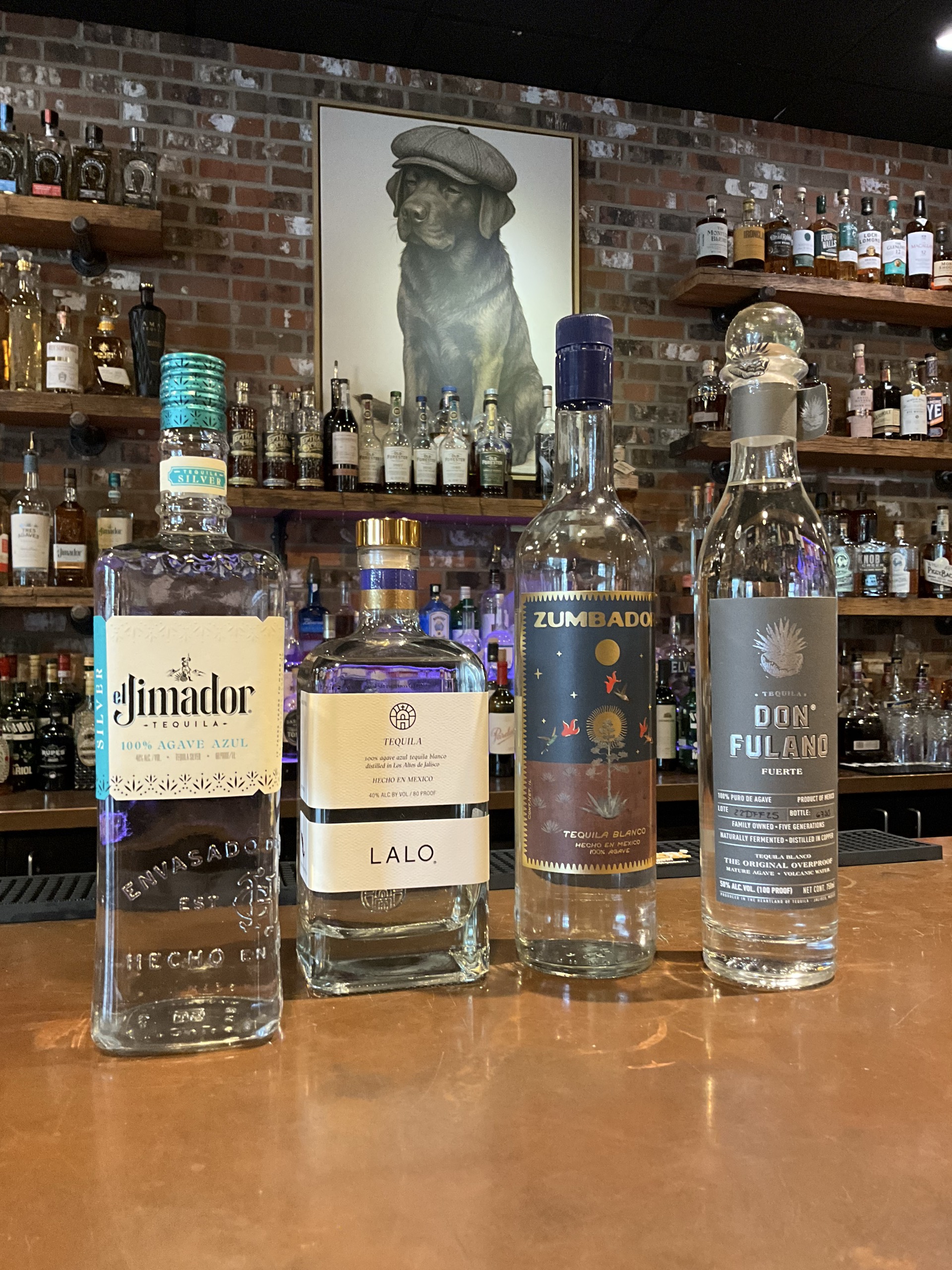 El Jimador Silver, LALO Blanco, Zumbador Blanco, and Don Fulano Fuerte tequila bottles on the Echo's Reserve bar