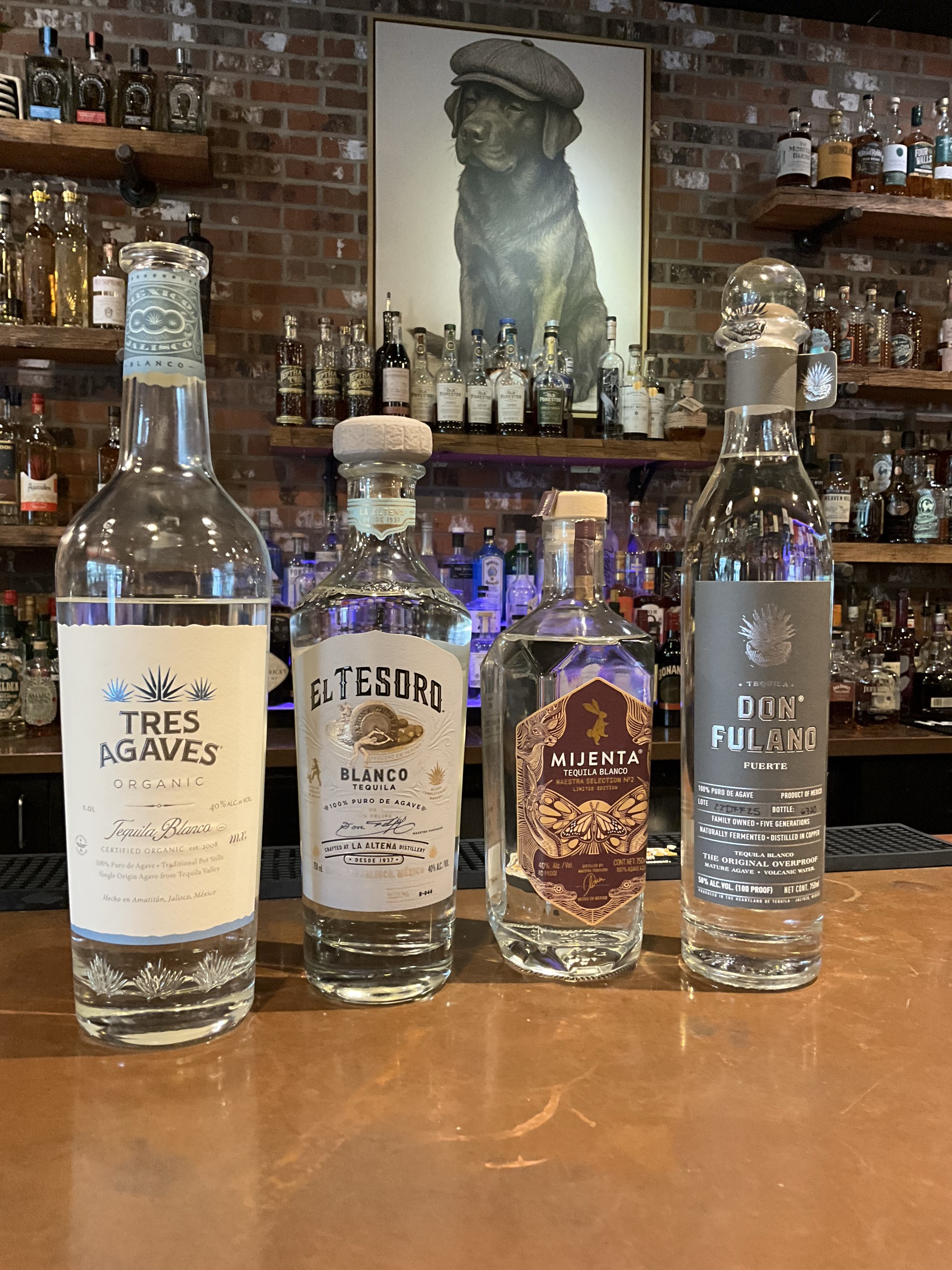 Tres Agaves Organic Blanco, El Tesoro Blanco, Mijenta Maestra Selection No. 2, and Don Fulano Fuerte tequila bottles on the Echo's Reserve bar
