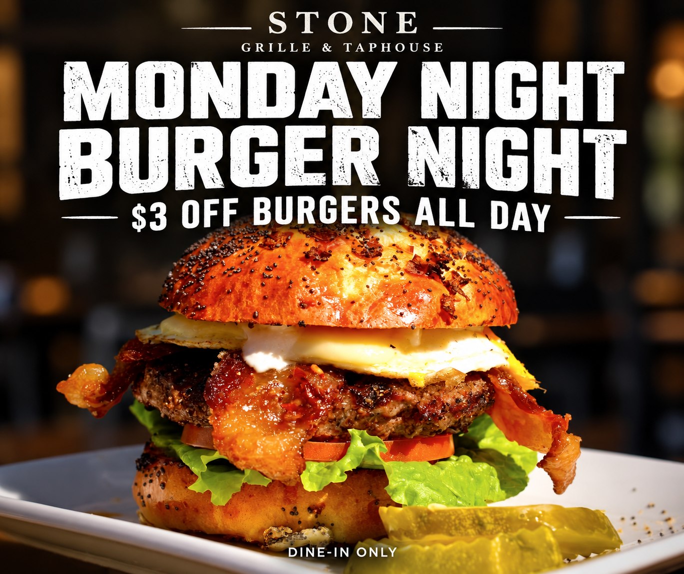 Stone Grille Monday Burger Night — $3 off burgers all day, dine-in only