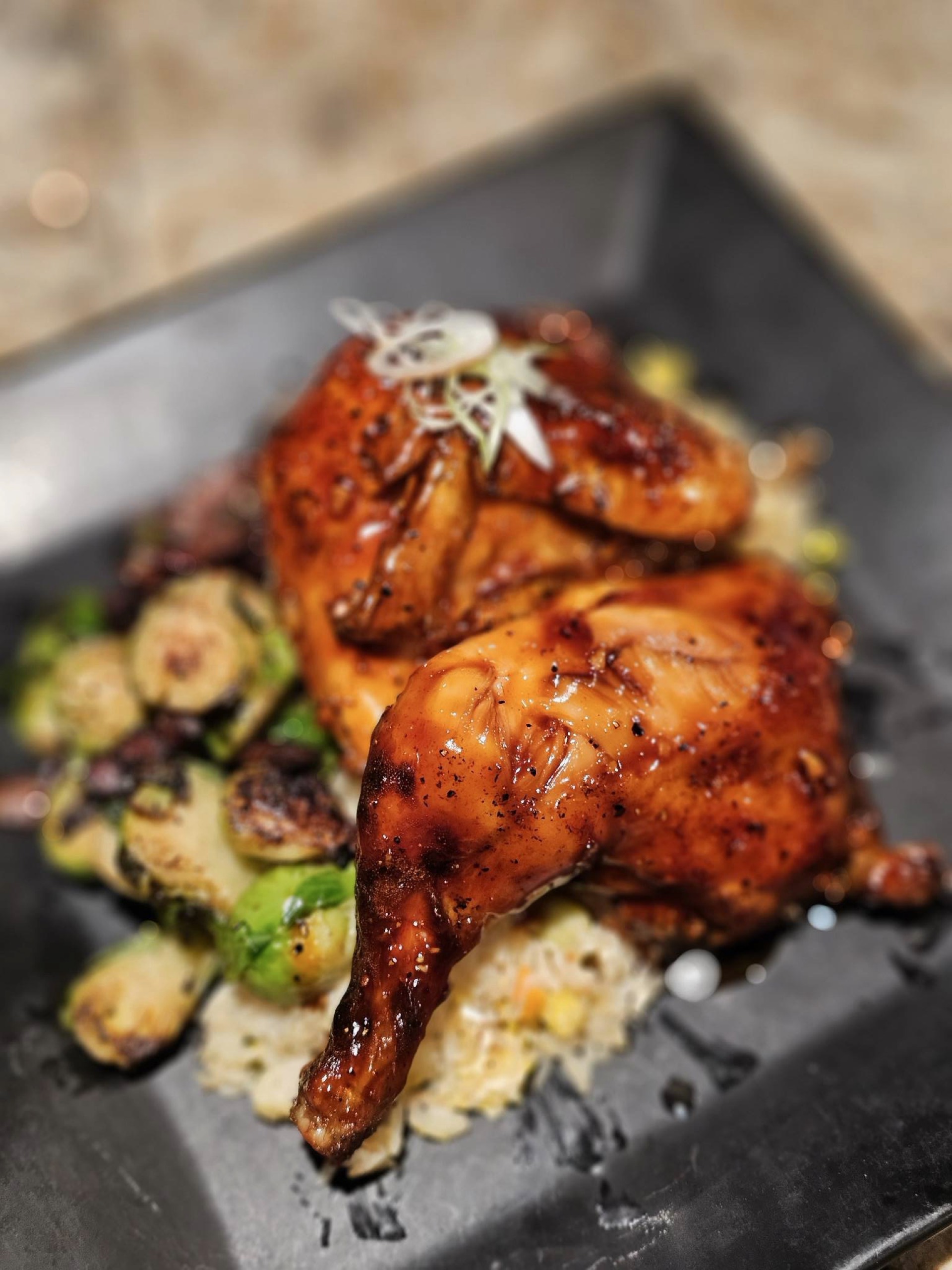 Glazed roasted chicken with seasonal vegetables